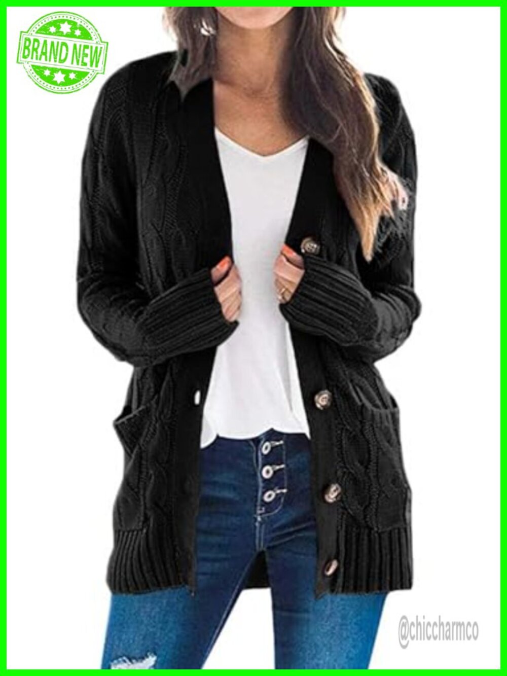 Women Chunky Cable Knit Cardigan Button Down Open Front Long Sleeve Sweater